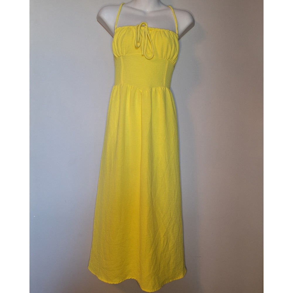 Fashion Nova Butter Yellow Tie Front Smocked Midi Dress Size Large
